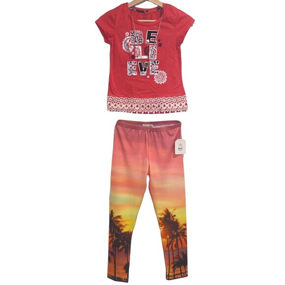 Girls Pink and Sunset Tee Shirt and Pants Size 10/12 Cute Yellow Palm Vacation - Picture 1 of 8
